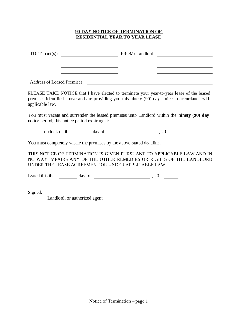 90 Day Notice to Terminate Year to Year Lease Prior to End of Term Residential from Landlord to Tenant West Virginia  Form