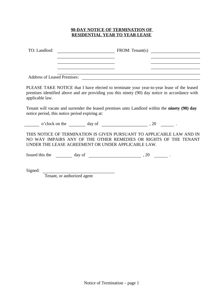 90 Day Notice to Terminate Year to Year Lease Prior to End of Term Residential from Tenant to Landlord West Virginia  Form