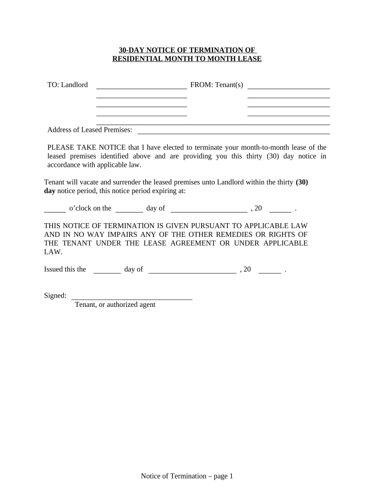 30 Day Notice to Terminate Month to Month Lease for Residential from Tenant to Landlord West Virginia  Form