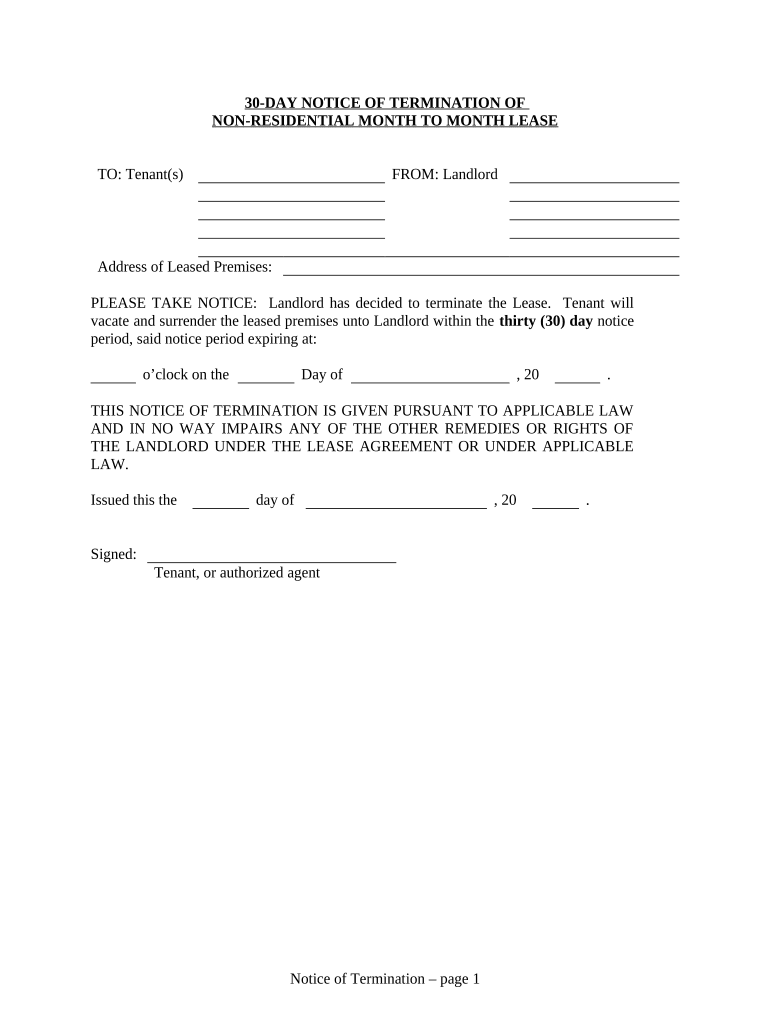 30 Day Notice to Terminate Month to Month Lease for Nonresidential from Landlord to Tenant West Virginia  Form