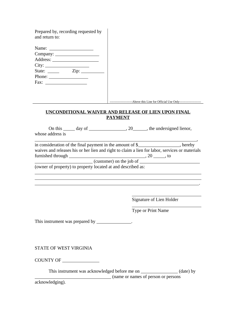 Unconditional Waiver and Release of Claim of Lien Upon Final Payment West Virginia  Form