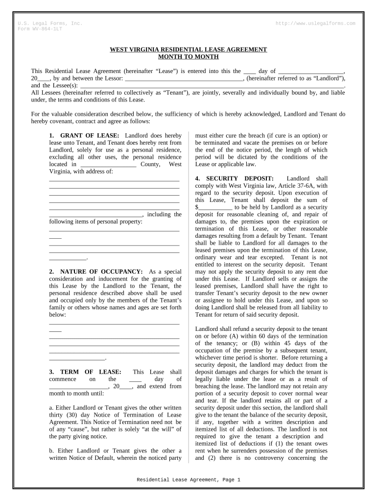 Residential Lease or Rental Agreement for Month to Month West Virginia  Form