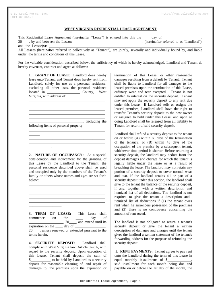 Residential Rental Lease Agreement West Virginia  Form