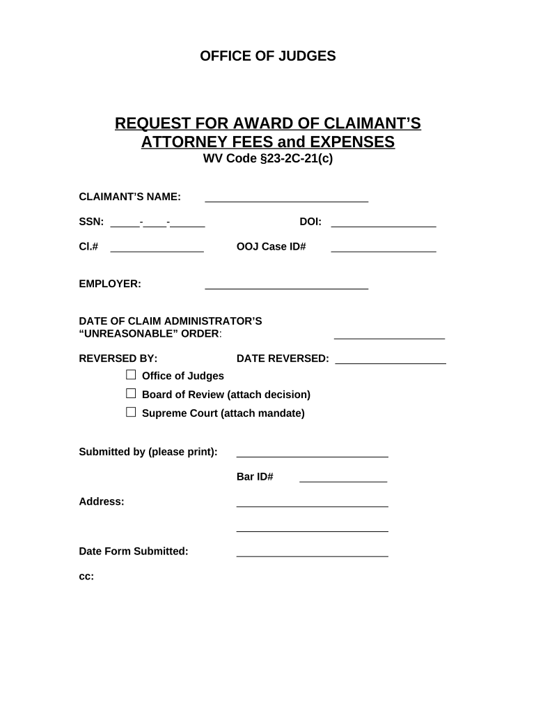 Request for Award of Claimants Attorney Fees and Expenses West Virginia  Form