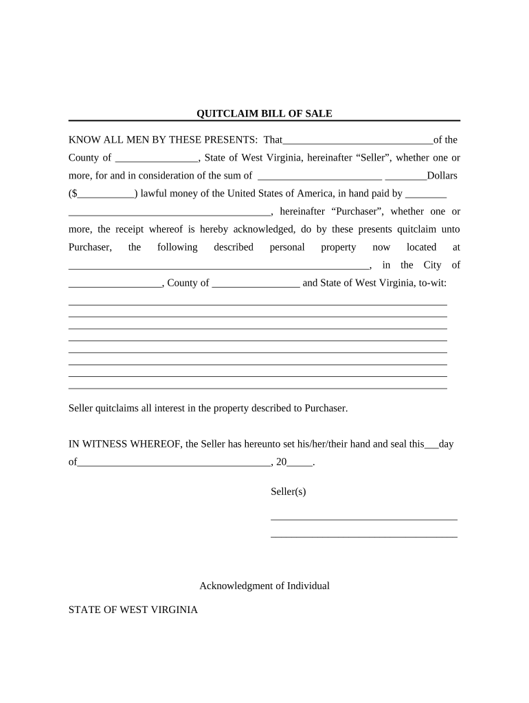 Bill of Sale Without Warranty by Individual Seller West Virginia  Form