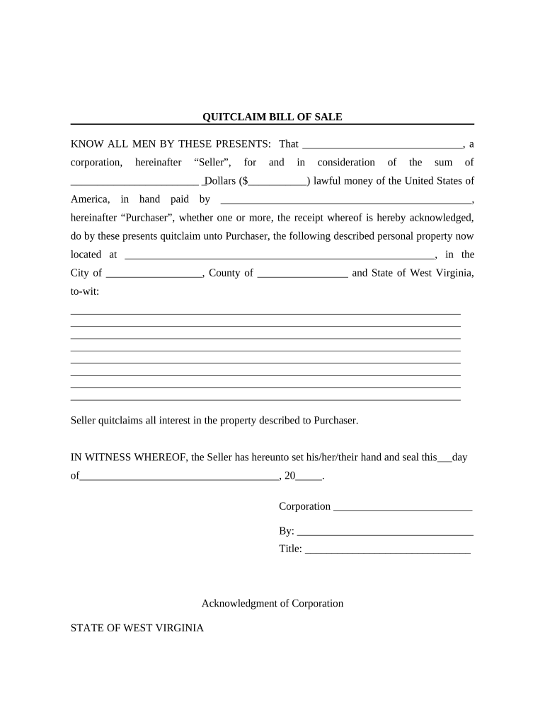Bill of Sale Without Warranty by Corporate Seller West Virginia  Form