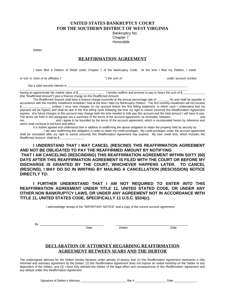 Reaffirmation Agreement West Virginia  Form