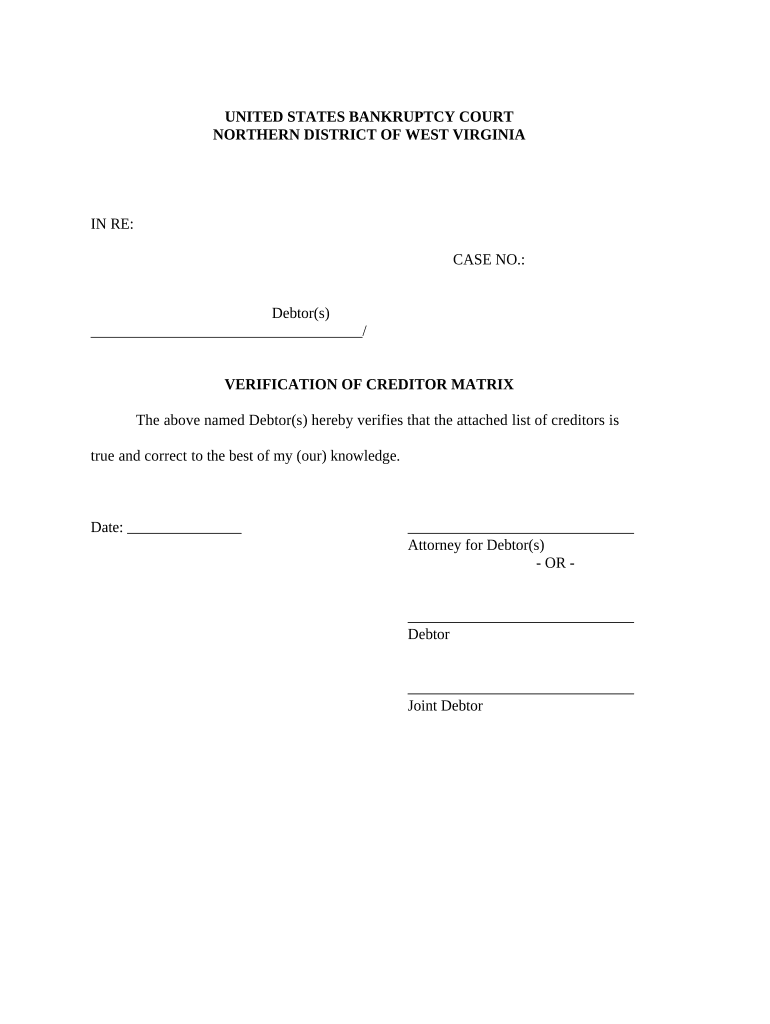 Verification of Creditors Matrix West Virginia  Form