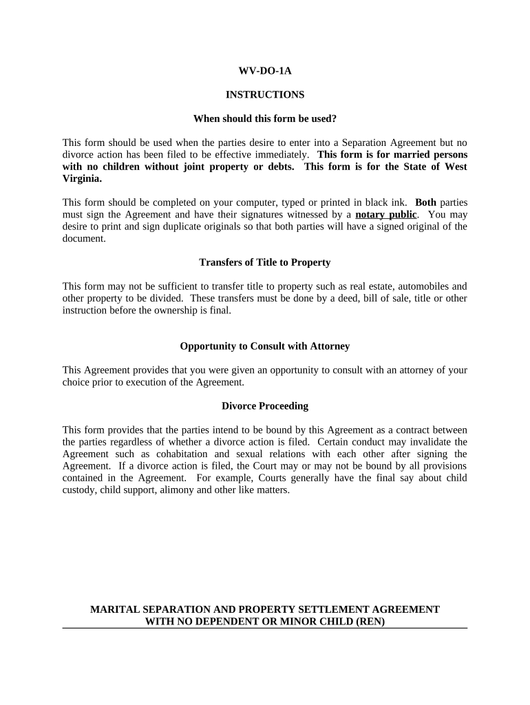 Marital Domestic Separation and Property Settlement Agreement for Persons with No Children, No Joint Property, or Debts Effectiv  Form