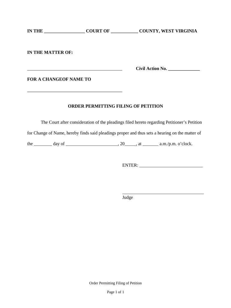 Order Permitting Filing of Petition West Virginia  Form