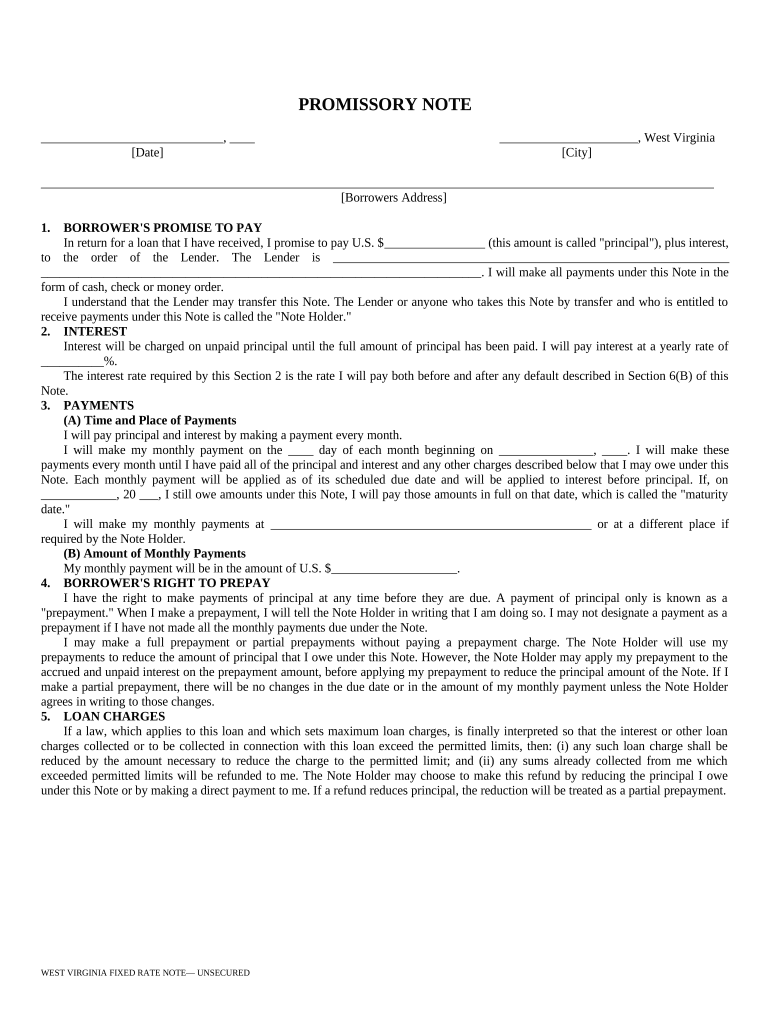 West Virginia Unsecured Installment Payment Promissory Note for Fixed Rate West Virginia  Form