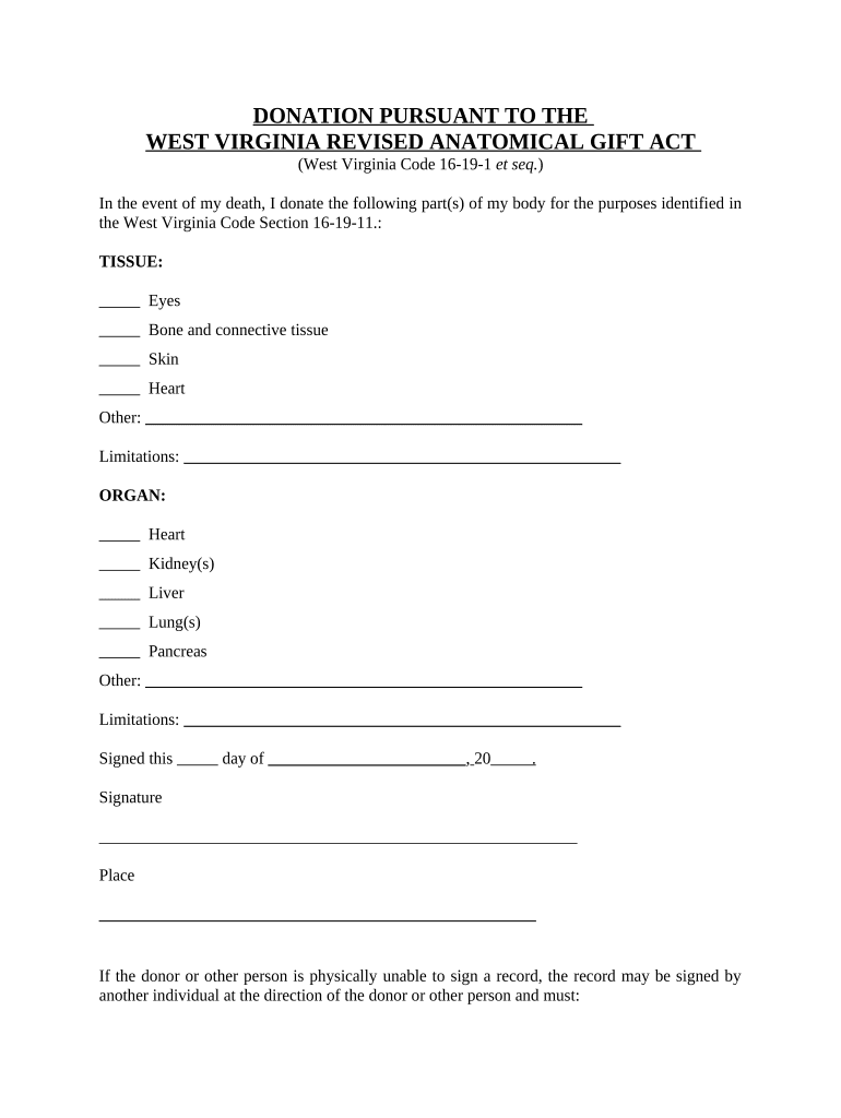 Revised Anatomical Gift Act Donation West Virginia  Form