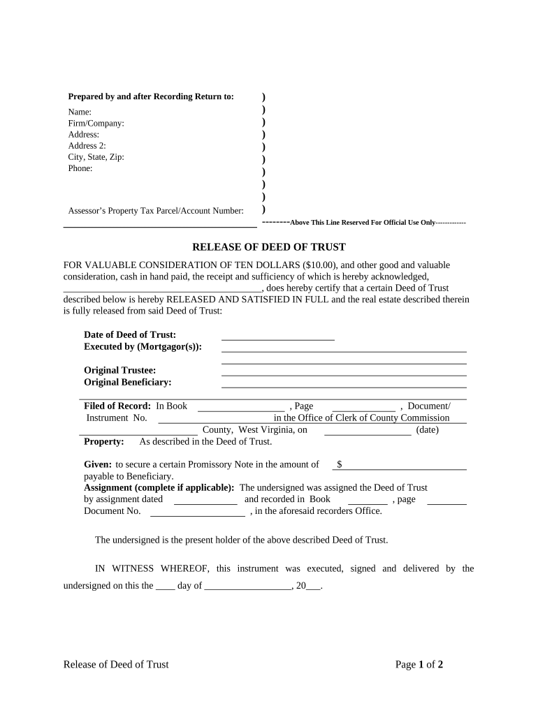 Release Satisfaction Cancellation Deed of Trust Individual Lender or Holder West Virginia  Form