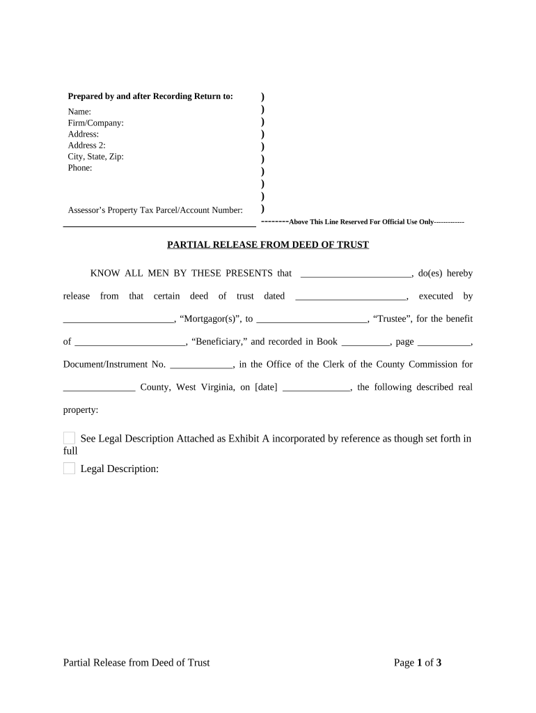 Partial Release of Property from Deed of Trust for Corporation West Virginia  Form