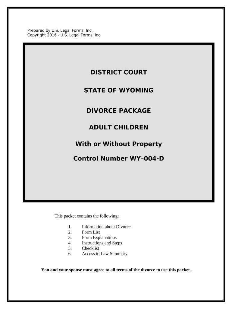 No Fault Uncontested Agreed Divorce Package for Dissolution of Marriage with Adult Children and with or Without Property and Deb  Form