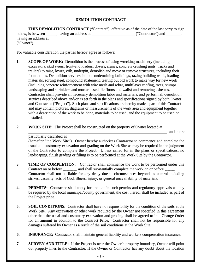 Demolition Contract for Contractor Wyoming  Form