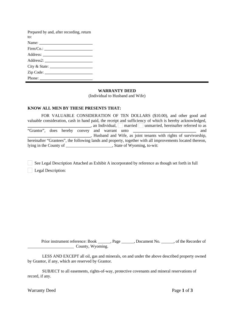 Warranty Deed from Individual to Husband and Wife Wyoming  Form