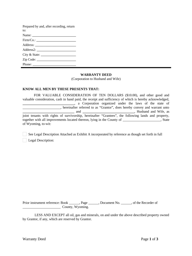 Warranty Deed from Corporation to Husband and Wife Wyoming  Form