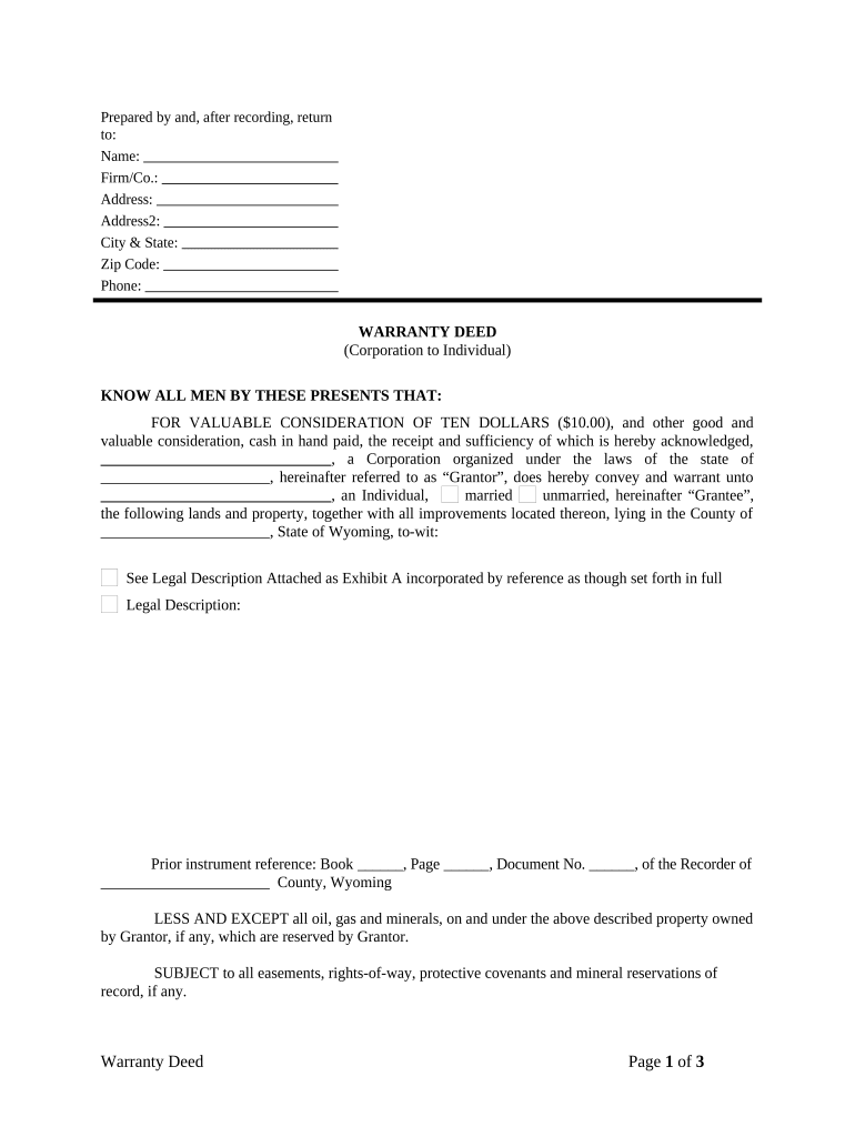 Warranty Deed from Corporation to Individual Wyoming  Form