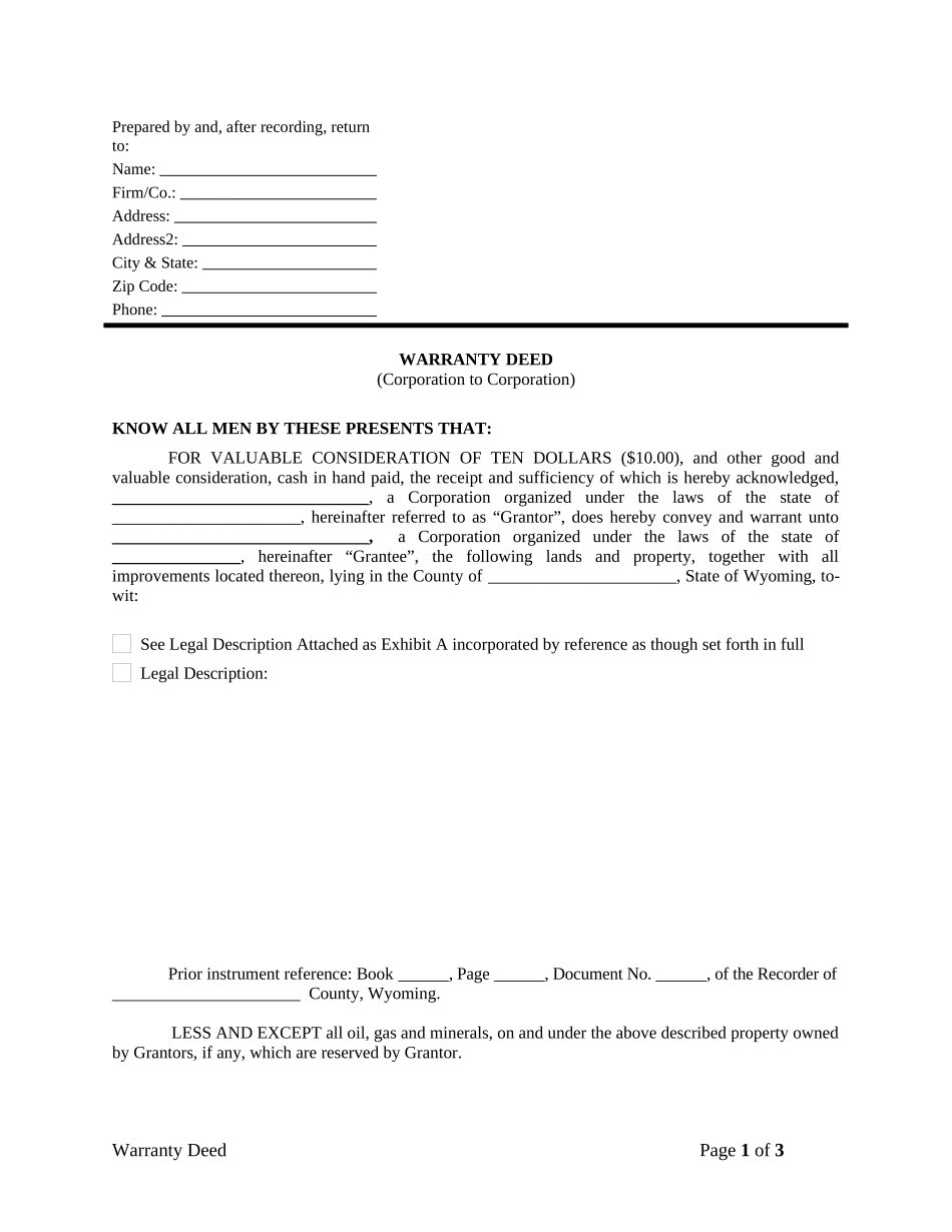 Warranty Deed from Corporation to Corporation Wyoming  Form