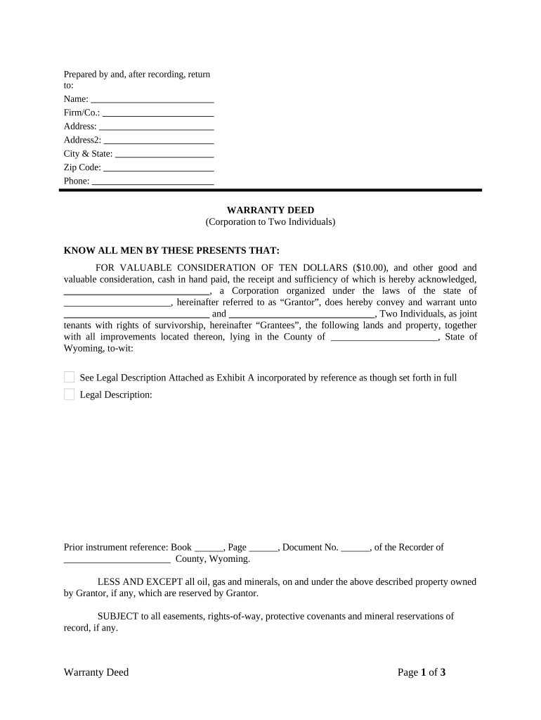 Warranty Deed from Corporation to Two Individuals Wyoming  Form
