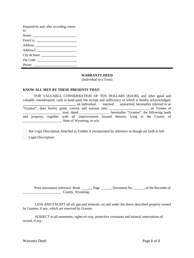 Warranty Deed from Individual to a Trust Wyoming  Form