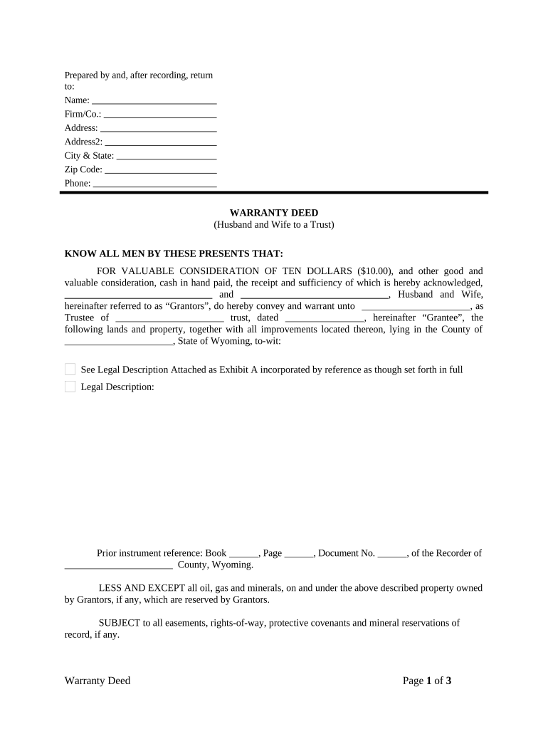 Warranty Deed from Husband and Wife to a Trust Wyoming  Form
