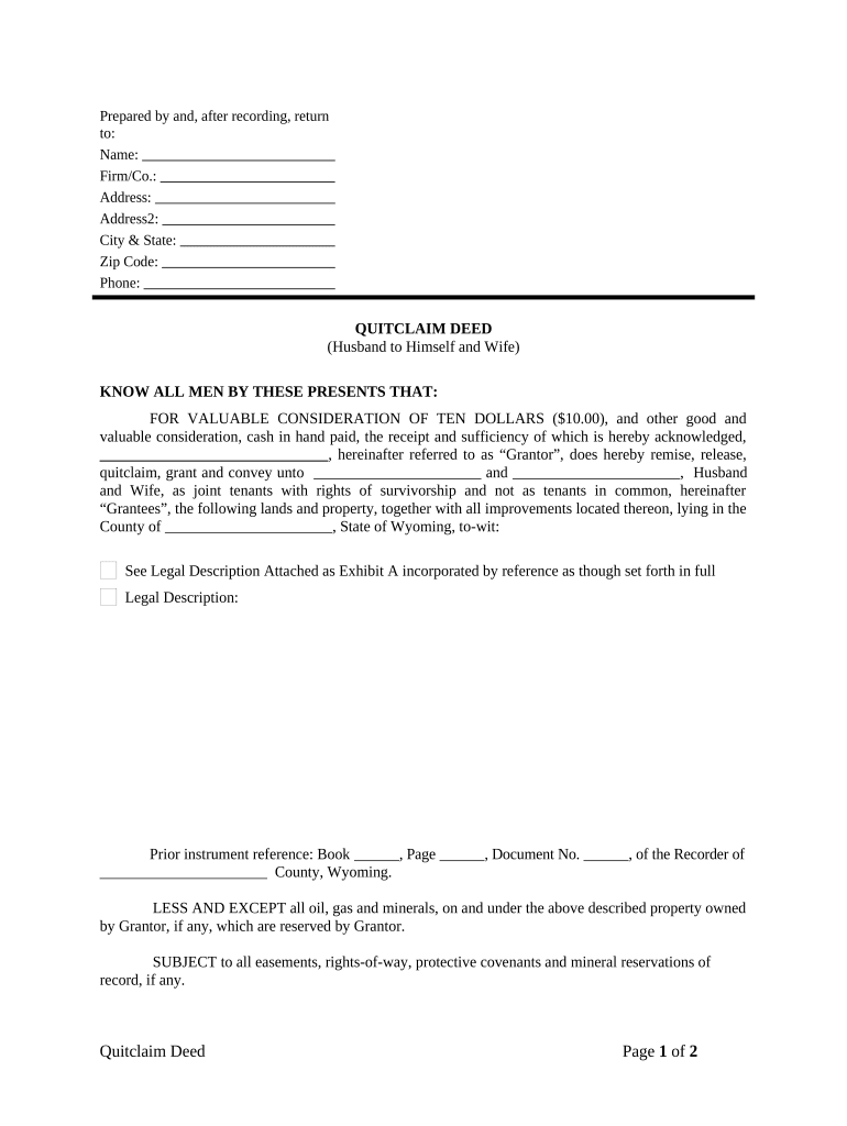 Quitclaim Deed from Husband to Himself and Wife Wyoming  Form