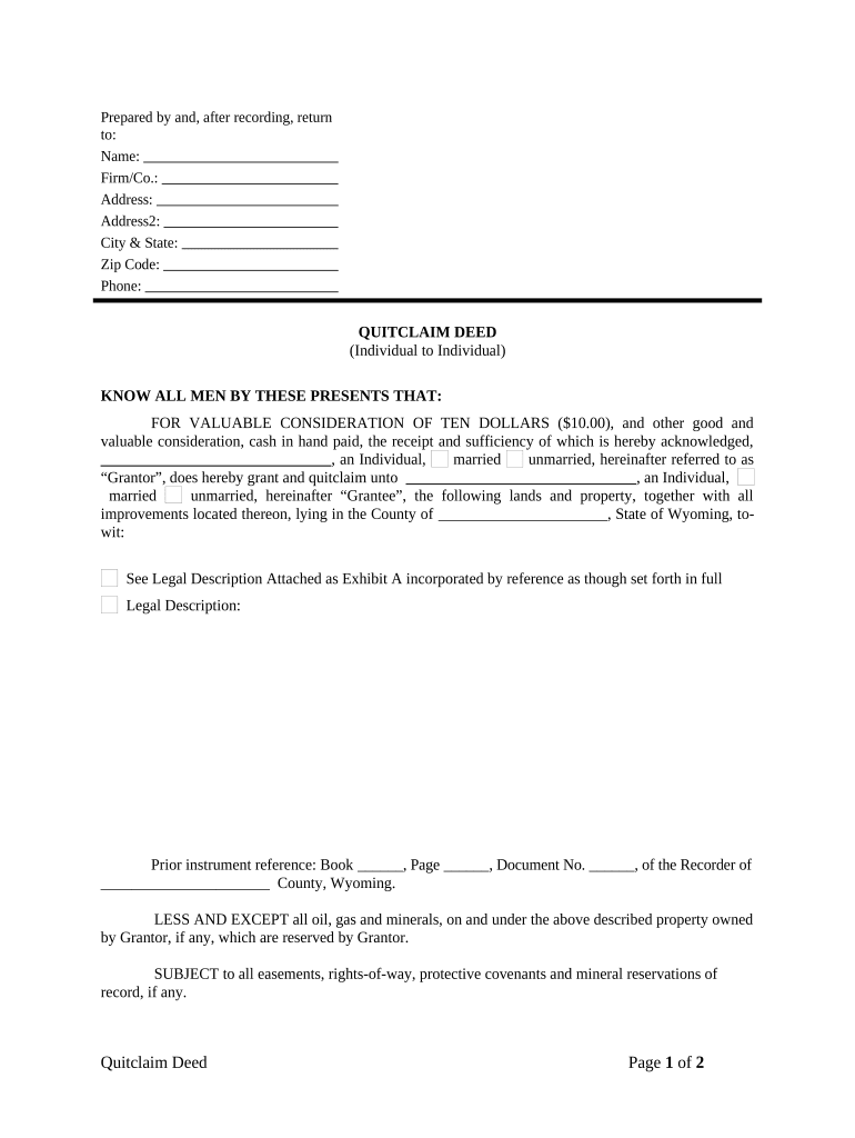 Wyoming Quitclaim Deed  Form