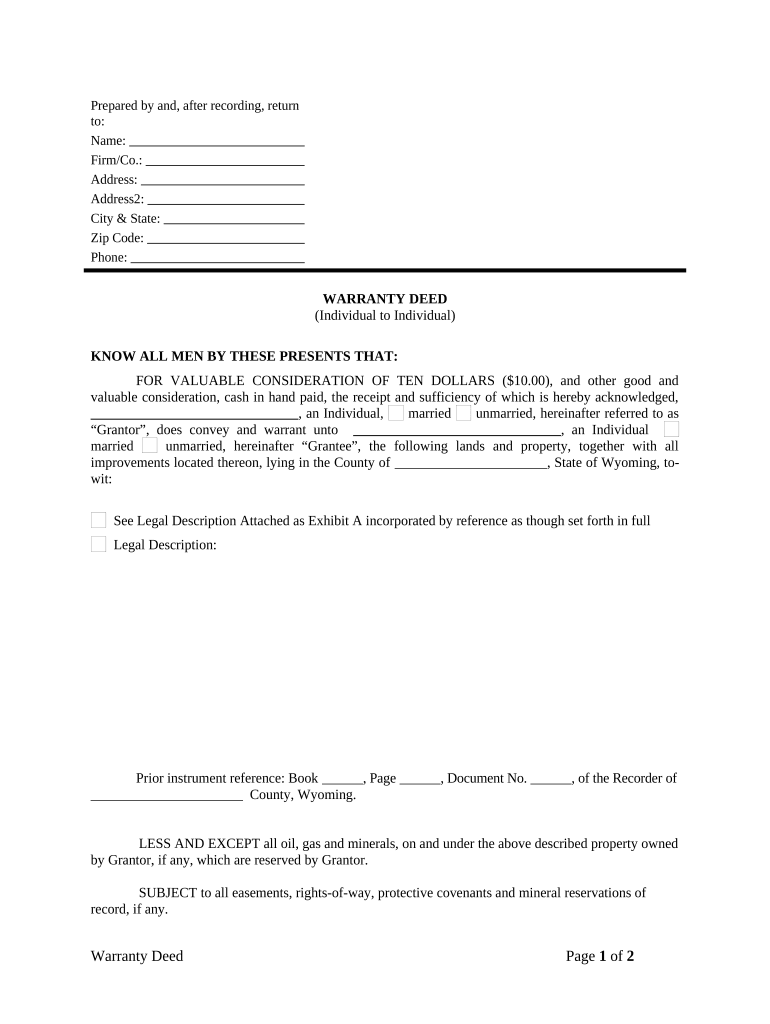 Warranty Deed from Individual to Individual Wyoming  Form