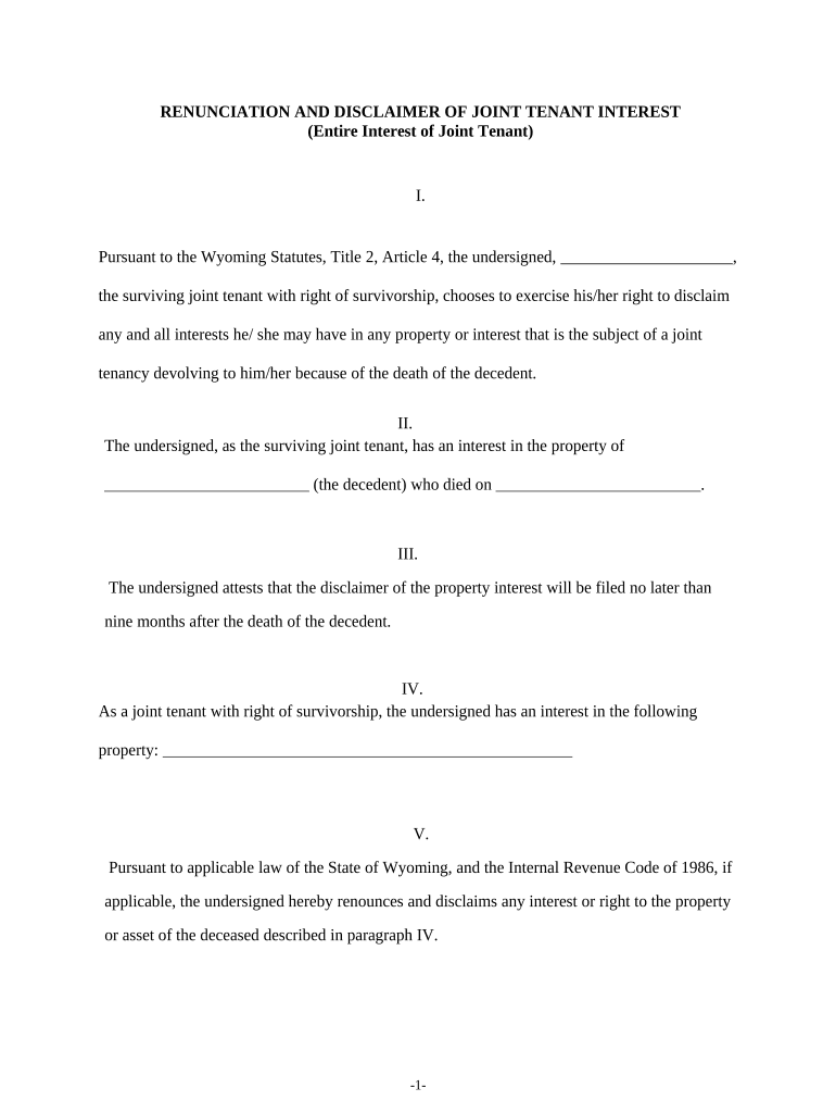 Renunciation and Disclaimer of Joint Tenant or Tenancy Interest Wyoming  Form