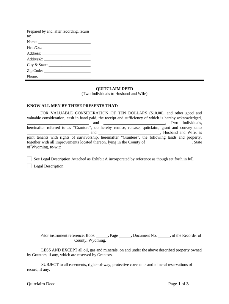 Quitclaim Deed by Two Individuals to Husband and Wife Wyoming  Form