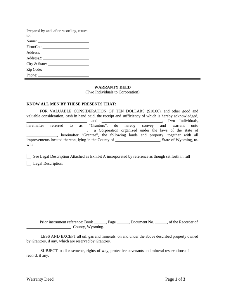 Warranty Deed from Two Individuals to Corporation Wyoming  Form
