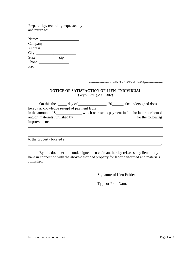 Notice of Satisfaction Individual Wyoming  Form
