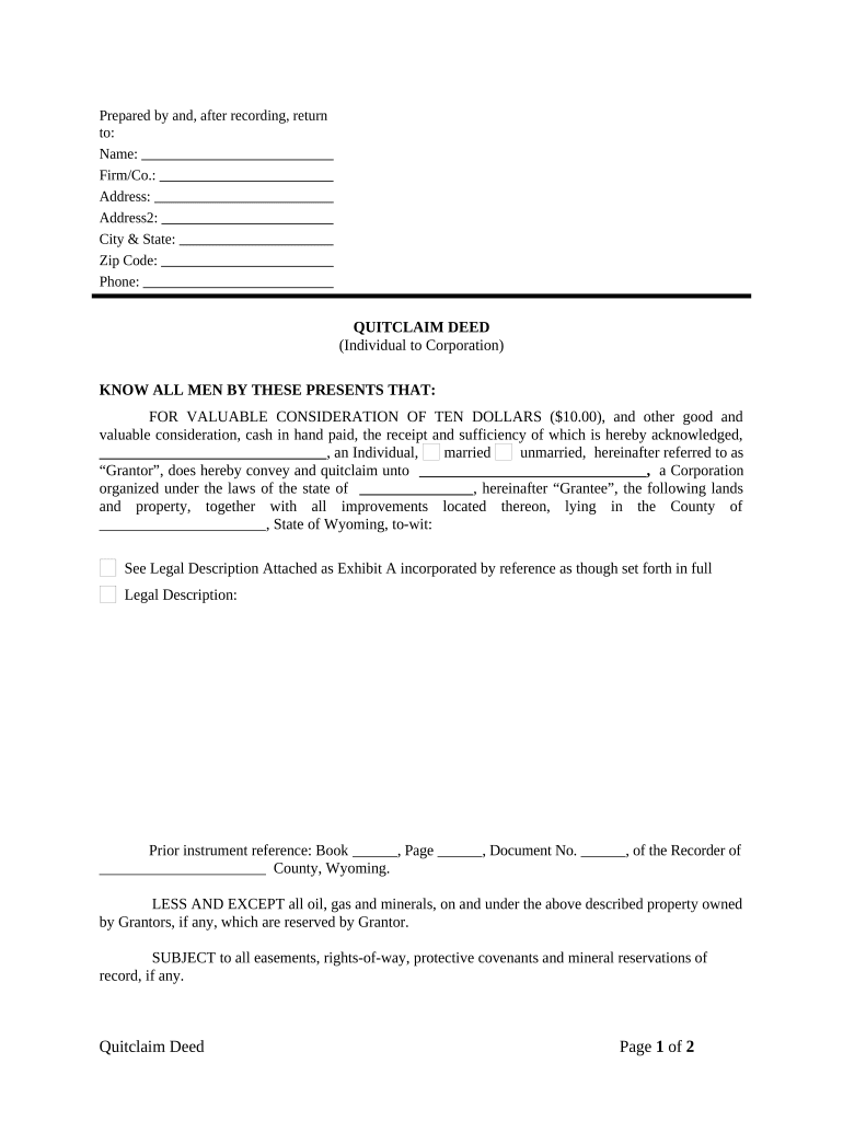 Quitclaim Deed from Individual to Corporation Wyoming  Form