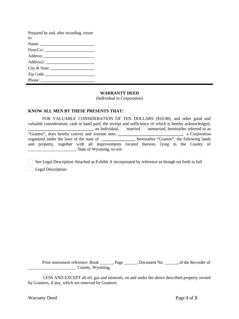 Warranty Deed from Individual to Corporation Wyoming  Form