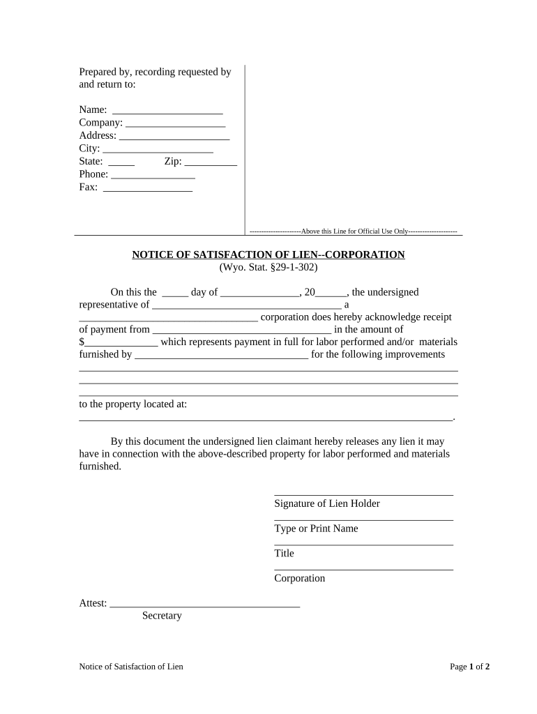 Notice of Satisfaction Corporation or LLC Wyoming  Form