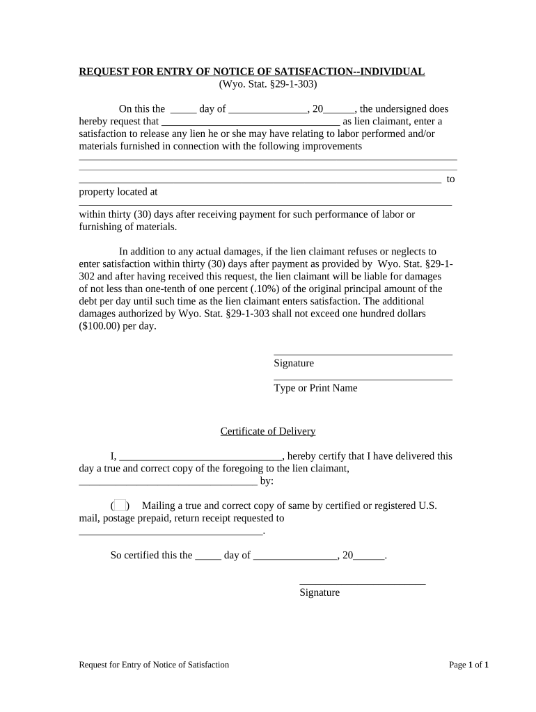 Request for Entry of Notice of Satisfaction Individual Wyoming  Form