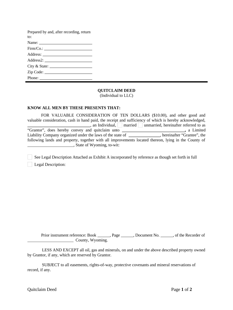 Quitclaim Deed from Individual to LLC Wyoming  Form