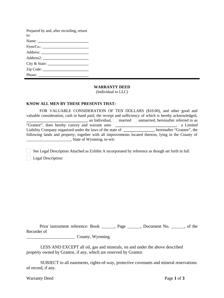 Warranty Deed from Individual to LLC Wyoming  Form