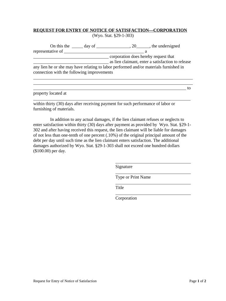 Request for Entry of Notice of Satisfaction Corporation or LLC Wyoming  Form