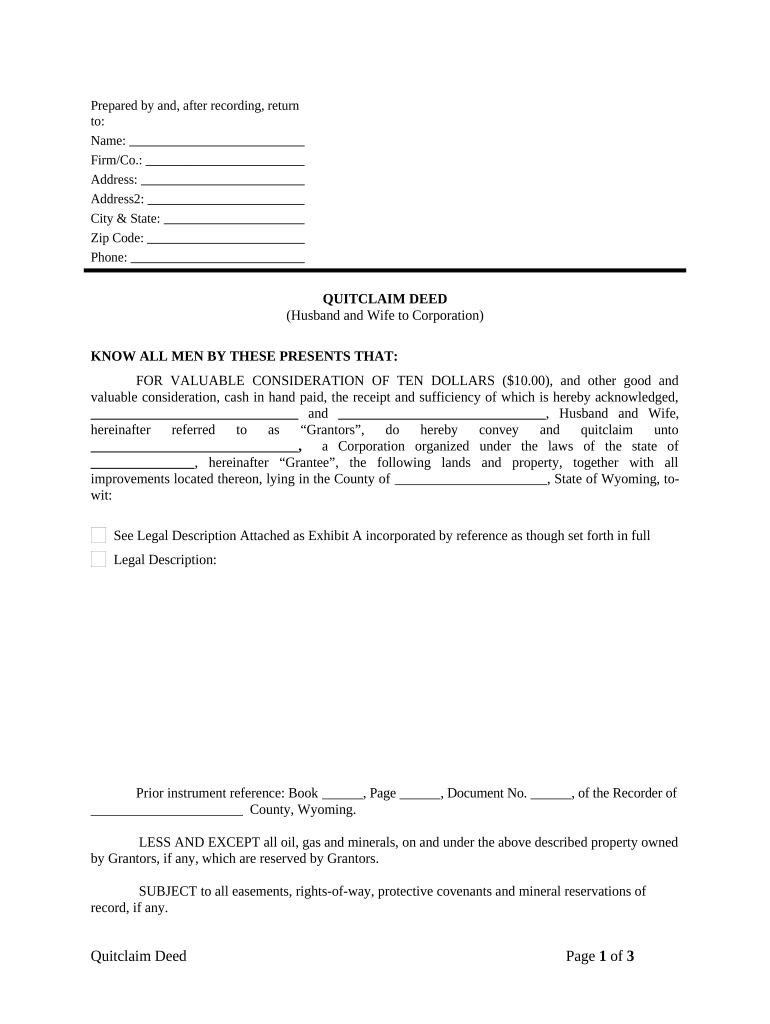 Quitclaim Deed from Husband and Wife to Corporation Wyoming  Form