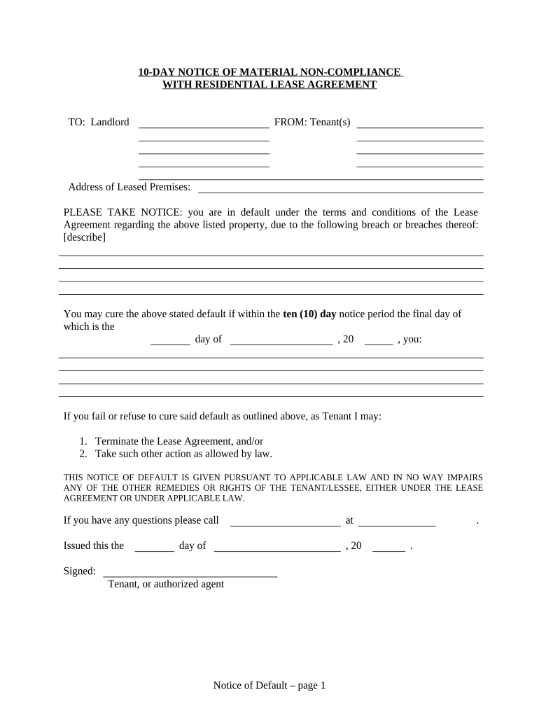 10 Day Notice of Material Noncompliance with Lease or Rental Agreement for Residential from Tenant to Landlord Wyoming  Form