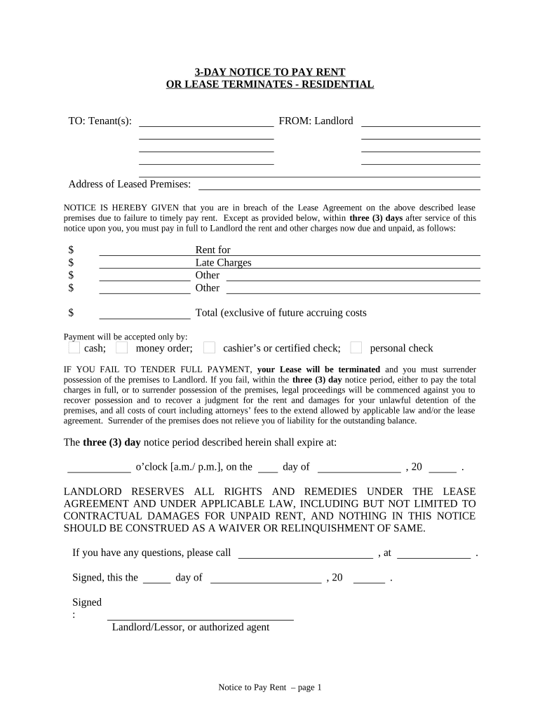 3 Day Notice to Pay Rent or Quit Prior to Eviction for Residential Property Wyoming  Form