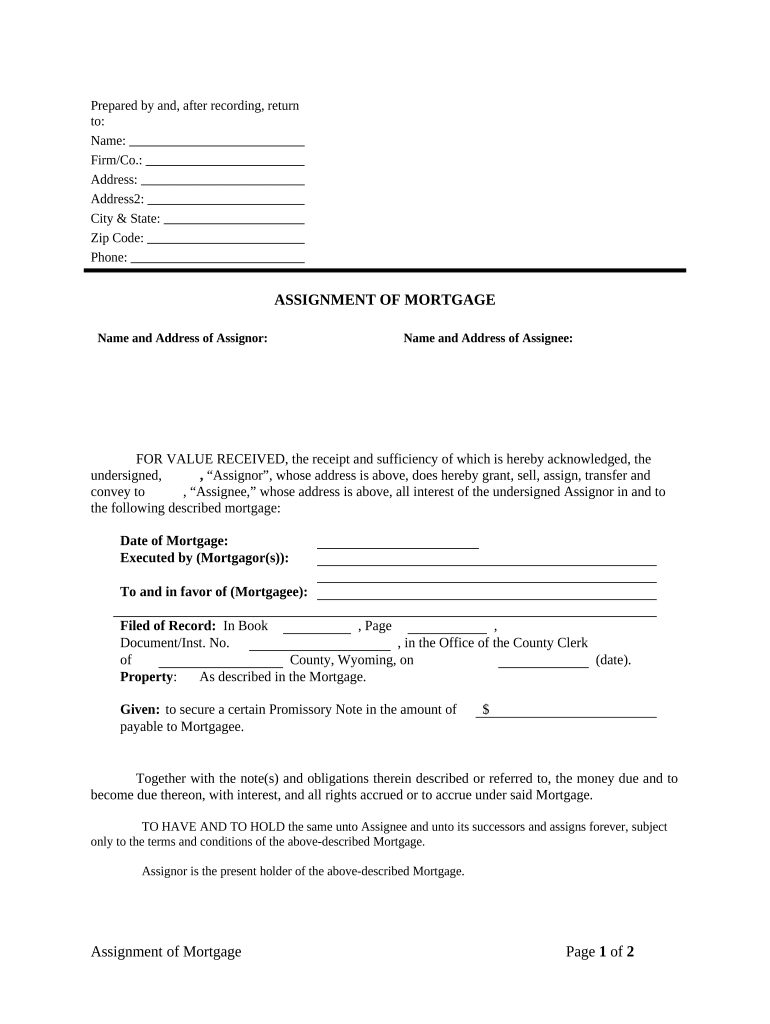 Assignment of Mortgage by Individual Mortgage Holder Wyoming  Form