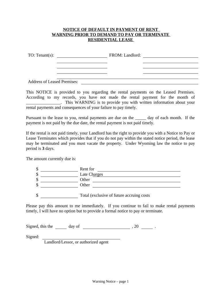 Notice of Default in Payment of Rent as Warning Prior to Demand to Pay or Terminate for Residential Property Wyoming  Form