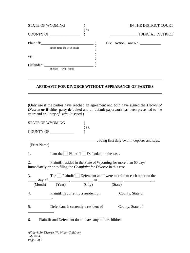 Affidavit in Support of Decree Defendant Wyoming  Form