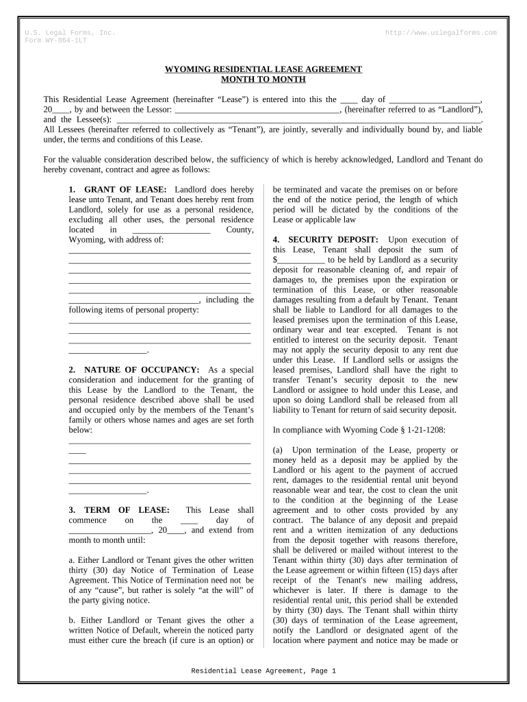 Residential Lease or Rental Agreement for Month to Month Wyoming  Form