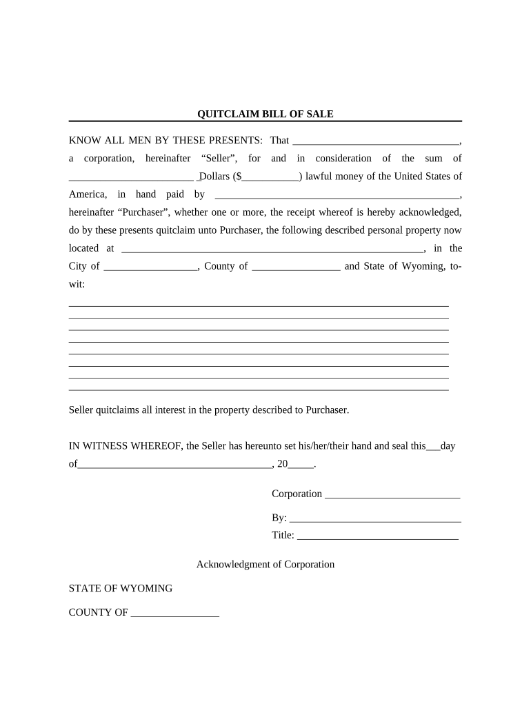 Bill of Sale Without Warranty by Corporate Seller Wyoming  Form