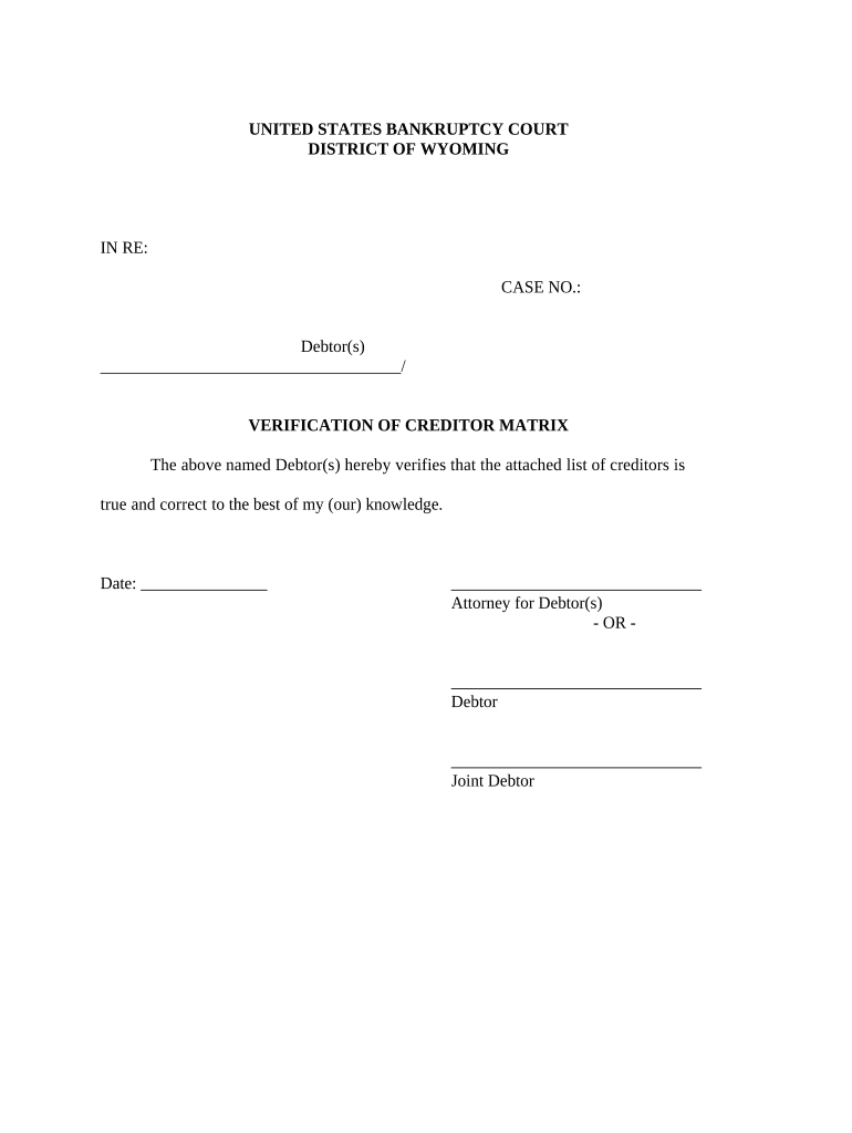 Verification of Creditors Matrix Wyoming  Form